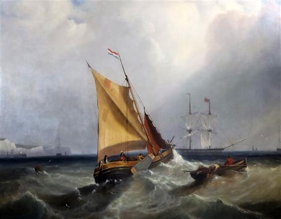 James Wilson Carmichael (1800-1868) Dutch fishing boats and a man owar off Folkestone 28.5 x 36in.
